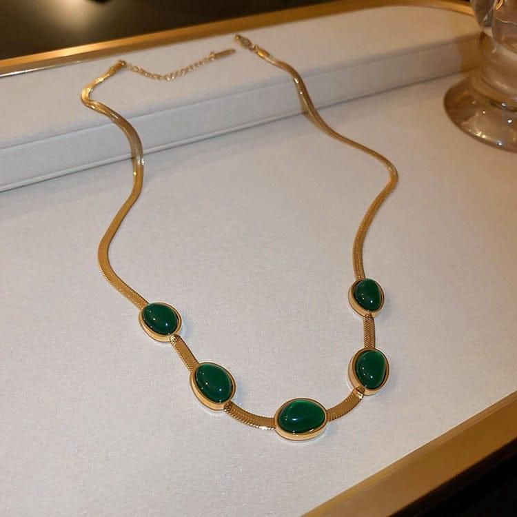 Oval Green Crystal Pendant Necklace Set with Bracelet – Elegant Jewelry for Women